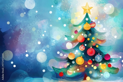 Vibrant watercolor christmas tree with ornaments and glowing star against night sky