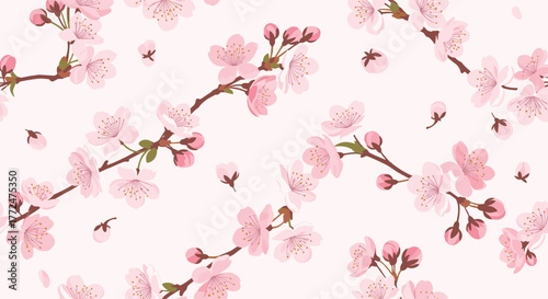 Beautiful seamless pattern of delicate pink cherry blossoms and buds on branches, set against a soft background, perfect for spring designs.