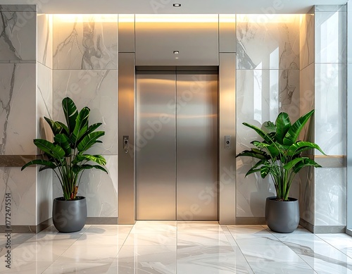 Modern elevator entrance, framed by marble walls and potted plants