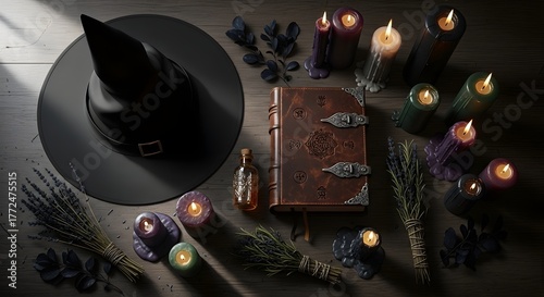 Witch Hat and Spell Book on Wooden Table