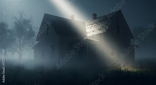Old Abandoned House with Fog and Moonlight