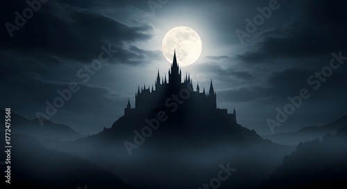 Full Moon Behind Gothic Castle