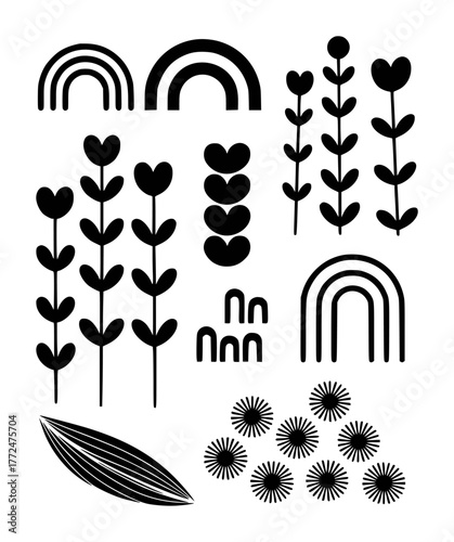 Black and White Abstract Botanical and Rainbow Shapes