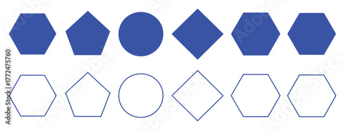 Blue and White Geometric Shapes: Hexagons, Pentagons, Circles, and Diamonds