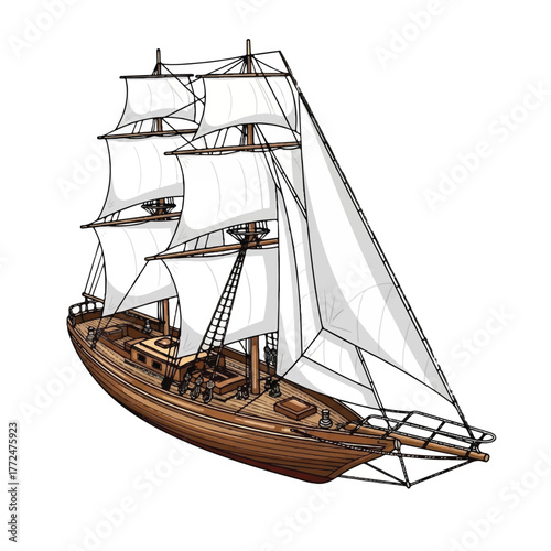 a beautifully crafted wooden sailboat with fine rope details, gleaming hull, and wide white sails, symbolizing seafaring artistry and exploration
