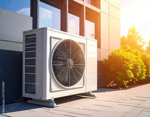 Modern exterior heat pump unit next to building, sunlit and outdoors