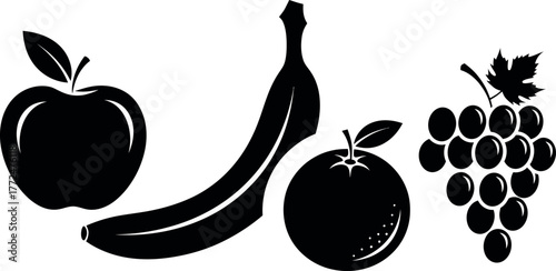 Silhouette icons of fresh fruits including apple banana and grapes for healthy eating concepts vector