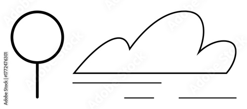 Tree with circular crown beside a cloud and horizontal lines for wind or ground. Ideal for nature, simplicity, environment, outdoor, growth, balance, and harmony. A simple flat metaphor