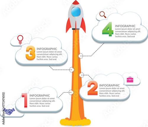 Infographic Rocket Launch Showing Step-by-Step Process with Cloud Elements for Business Growth, Startup Strategy, Innovation, and Success Presentation Design