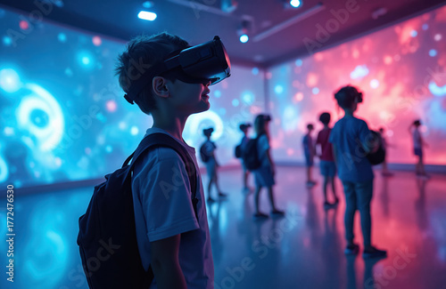 Children wear virtual reality headsets in vibrant glowing digital room. Kids interact with futuristic virtual reality experiences. Youngsters explore new tech, game, learn at modern science center