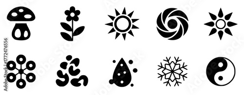 Collection of Black and White Icons: Nature, Weather, and Symbols