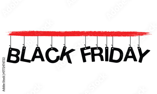 Minimalist “Black Friday” text design with hanging letters under a bold red brush stroke. Perfect for sale banners, promotions, and marketing campaigns highlighting Black Friday discounts.