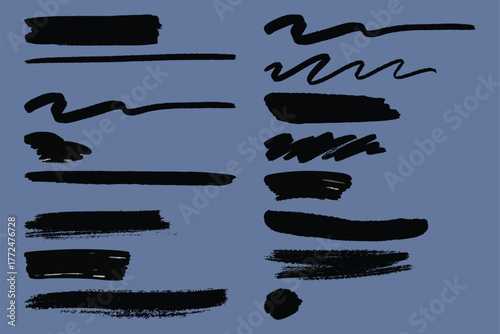 Collection of Black Brush Strokes and Lines on a Blue Background