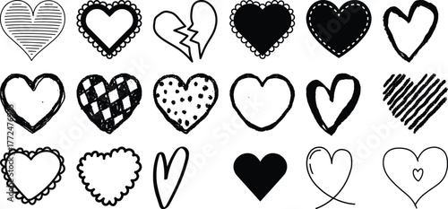 Collection of Hand-Drawn Hearts in Various Styles and Patterns