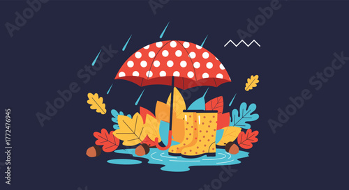 An autumn scene with a polka-dot umbrella and rain boots surrounded by colorful falling leaves, acorns, and puddles under a dark sky.