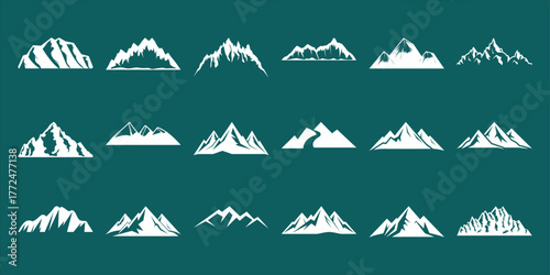 Collection of White Mountain Silhouettes on Teal Background