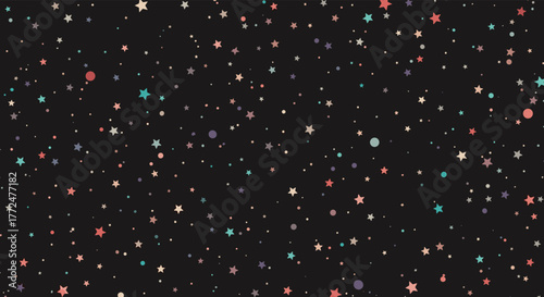 Colorful stars and dots scattered on a dark background, creating a festive or cosmic seamless pattern.