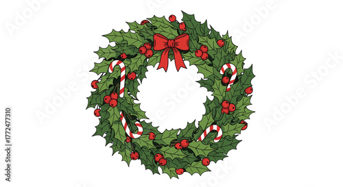 A beautifully illustrated Christmas wreath featuring holly leaves, red berries, candy canes, and a festive red bow, isolated on white.