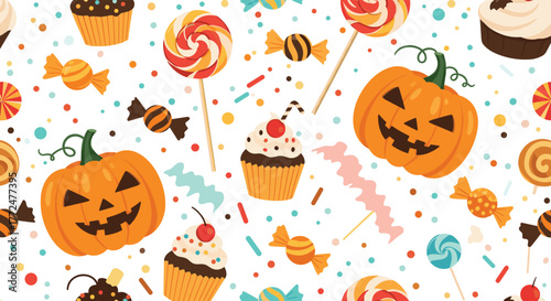 A cheerful and colorful Halloween seamless pattern featuring festive jack-o'-lanterns, sweet cupcakes, assorted candies, and scattered sprinkles.