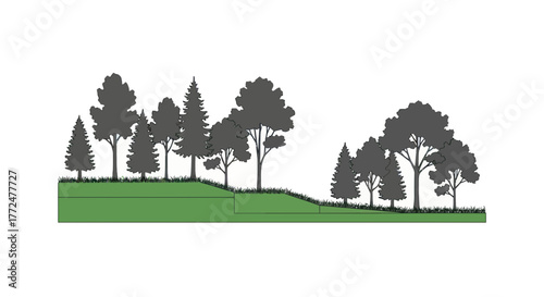 Illustration of a forest landscape with various trees and green grass.