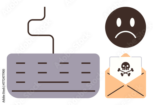 Keyboard with malware email featuring skull icon next to sad face emoticon. Ideal for online threat awareness, hacking prevention, cybersecurity, phishing email, digital risks, data safety, simple