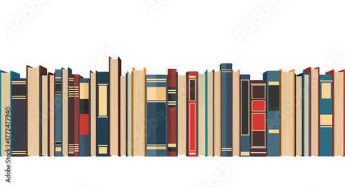 A long row of colorful books with diverse spines, tightly packed together against a white background, symbolizing knowledge and education.