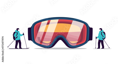 Two small skiers in winter clothing and backpacks stand on either side of a large pair of ski goggles, representing winter sports.