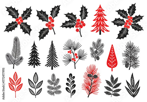 A collection of stylized winter botanical illustrations featuring holly, pine trees, and various festive foliage in red and black.