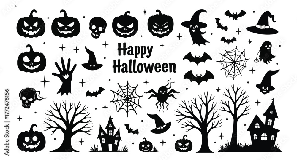 Fototapeta premium Collection of Halloween silhouette icons and characters.