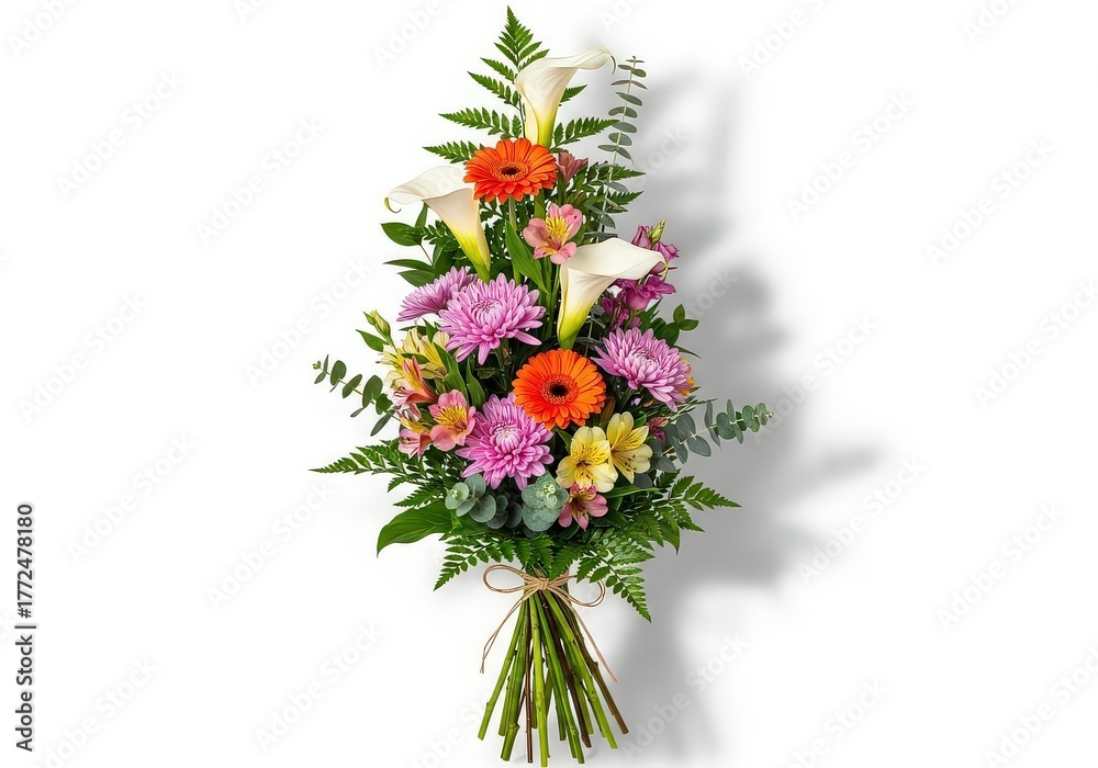 Obraz premium Bright Funeral Flower Arrangement with Calla Lilies, Gerbera Daisies and Mums on White