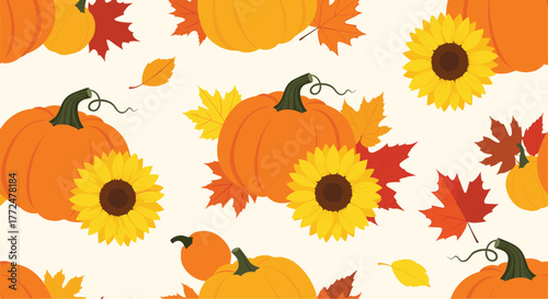 Vibrant seamless autumn pattern with decorative orange pumpkins, bright yellow sunflowers, and colorful fall foliage.