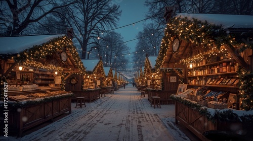 Christmas market stalls glowing with festive lights at night.
