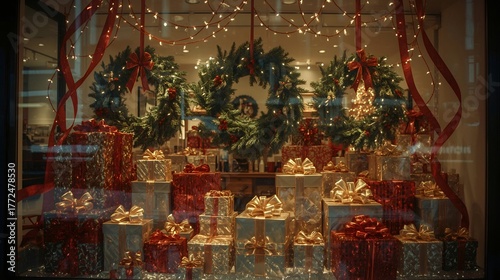 Gift shop window display filled with Christmas presents and glowing lights.