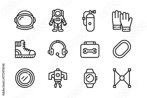 Space Exploration Icon Set Astronaut Gear and Equipment Line Art Style Vector Illustration for Science and Technology Projects