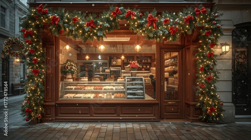 Festive storefront with holiday garlands and baked goods.