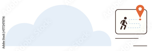 Cloud alongside figure walking toward location pin on digital interface. Ideal for navigation, tracking, online services, connectivity, cloud technology, journey mapping, simple flat metaphor
