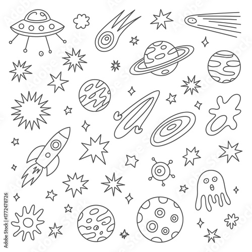 Hand drawn space objects isolated on white background including planets stars rocket and other cosmic elements for childrens education or coloring books