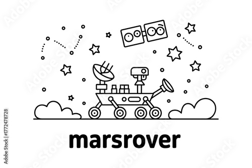 Illustration of Mars rover with satellite and stars exploration and space travel concept for educational purposes science and technology