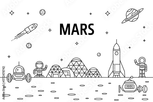 Exploration of Mars A Black and White Line Art Illustration Depicting Human Colonization of the Red Planet