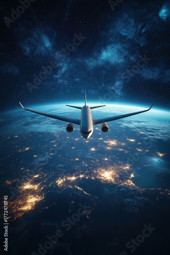 A white passenger airplane flies over the earth at night with lights on its sides above stars and glowing city lights below