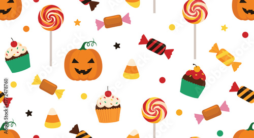 A cheerful Halloween seamless pattern with festive jack-o-lanterns, colorful candies, sweet cupcakes, and confetti on a white background.