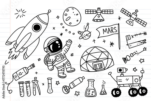 Hand Drawn Space Exploration Elements Space Exploration Theme Doodle Style Vector Illustration Cosmic Adventure Science Fiction and Space Travel Design Concept