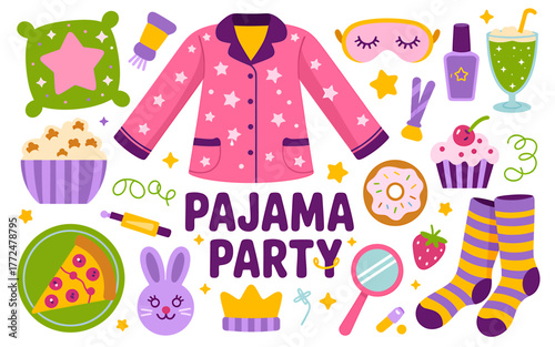 Fun and Playful Pajama Party Illustration with Cute Cartoon Elements and Bright Colors Perfect for Invitations and Decorations