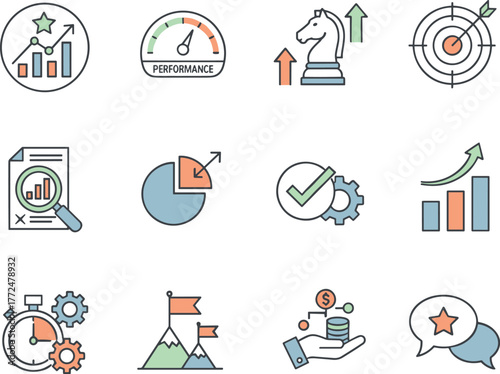 line icon set focused on KPI concepts, including performance, strategy, and analysis. Each icon features an editable stroke and is presented as a vector illustration.