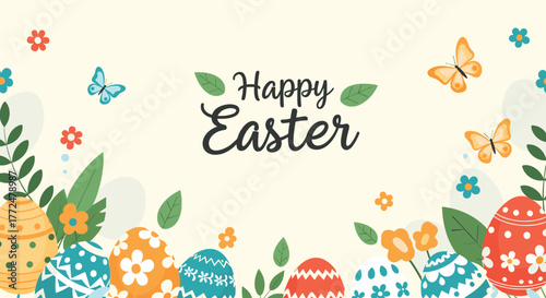 A cheerful illustrated background for Easter featuring decorated eggs, colorful butterflies, and spring foliage, with 'Happy Easter' text at the center.