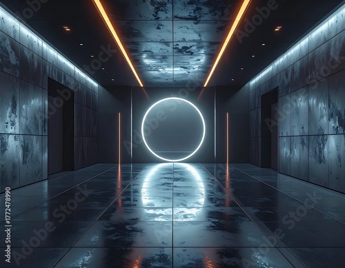Modern, futuristic corridor with geometric lighting and reflective floor