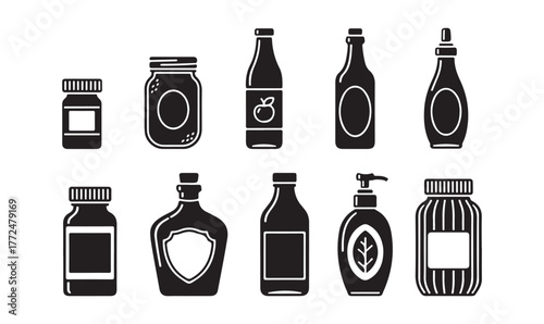 A stylized silhouette representing a bottle or jar featuring a ribbed cap and label, including a pill bottle, canning jar, juice , alcohol bottle, oil bottle, milk bottle, and cosmetics container.