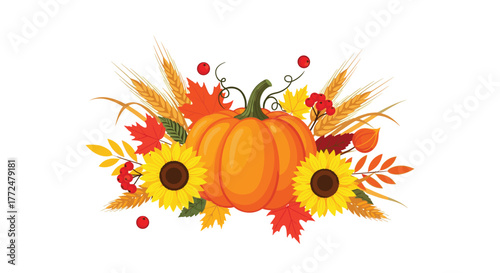 Autumn harvest decoration featuring a vibrant pumpkin, bright sunflowers, colorful leaves, and wheat on a white background.