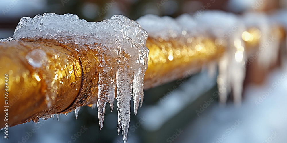 Fototapeta premium Frozen water pipe with icicles in a cold setting Generative AI