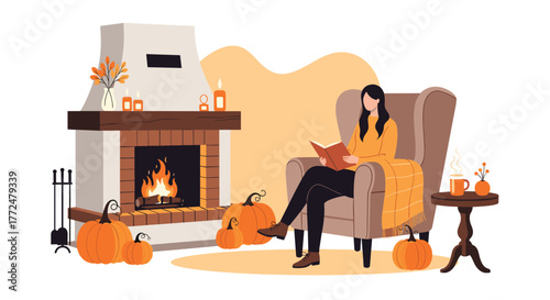 A woman enjoys a cozy autumn evening reading a book by the warm fireplace, surrounded by festive pumpkins and fall decorations.